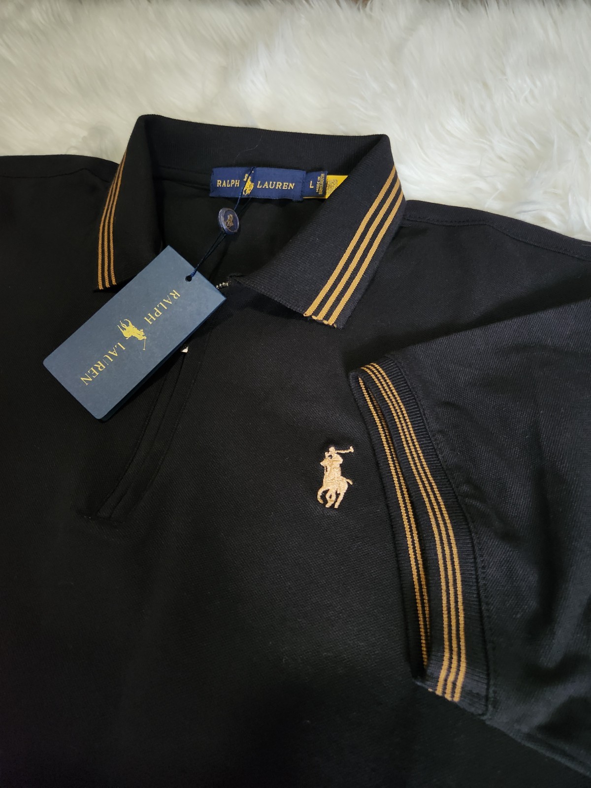 Ralph Lauren Men\'s Stretch Cotton Zip Polo Shirt Black Regular Fit Size M