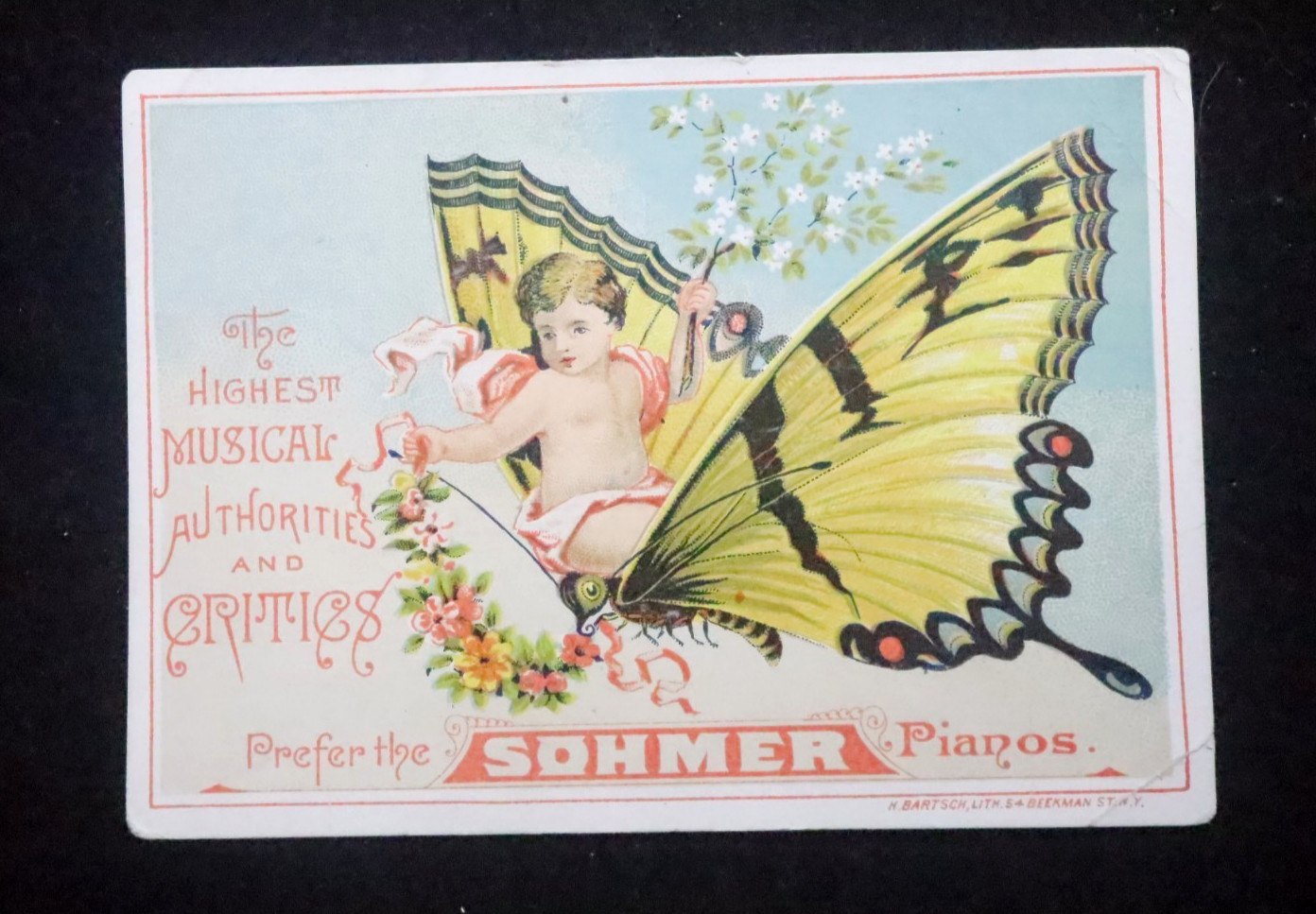 Antique 1880s Sohmer Pianos Trade Card Grunewald Hall New Orleans Butterfly