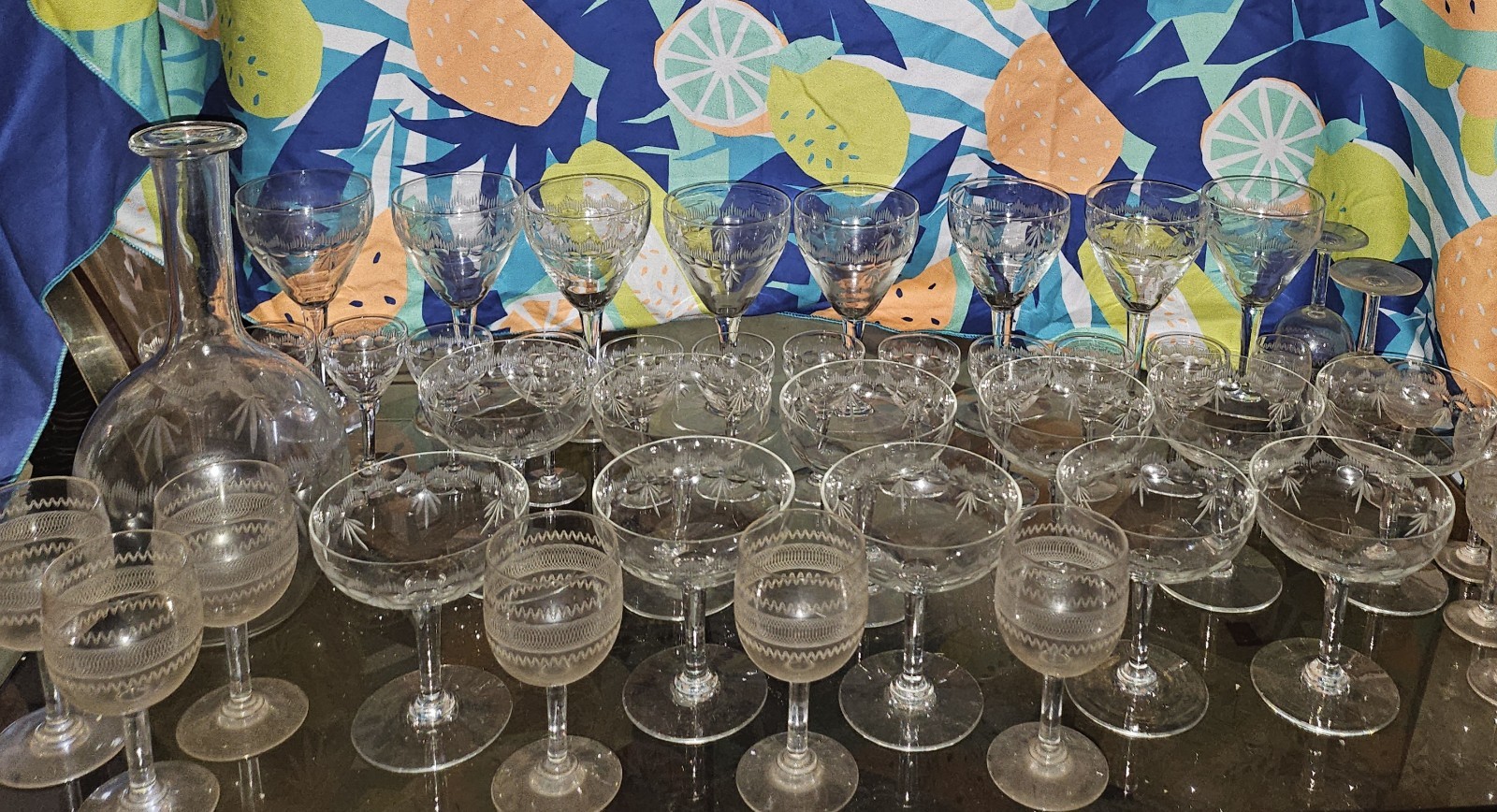 Lot of 30 Vintage Antique 19th Engraved French French Crystal Glasses 