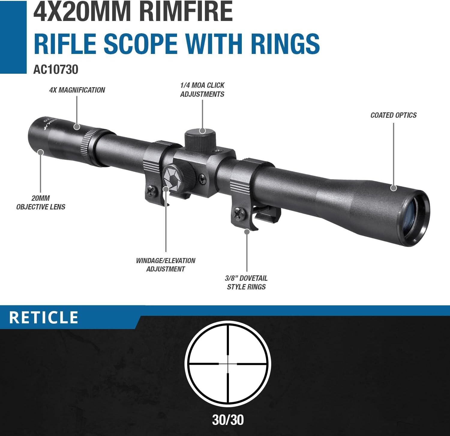 Barska 4x20 Rimfire Reticle Parallax Free 50 Yards Riflescope Range With Rings