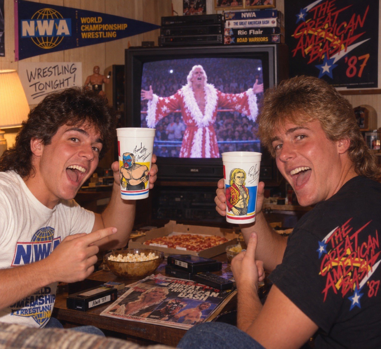 1987 Great American Bash Ric Flair Road Warriors Cups NWA Wrestling Vintage Set