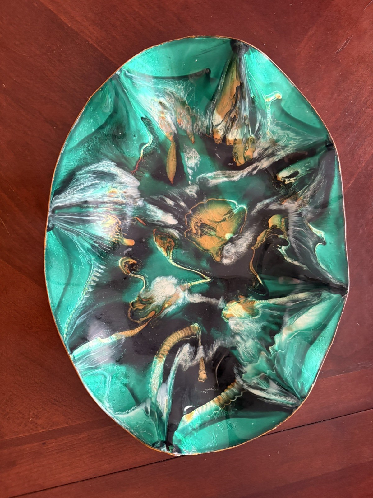 Vtg Mexican Resin Pour Ruffled Edge Bowl Faux Leather Backing 14 in Blue Green