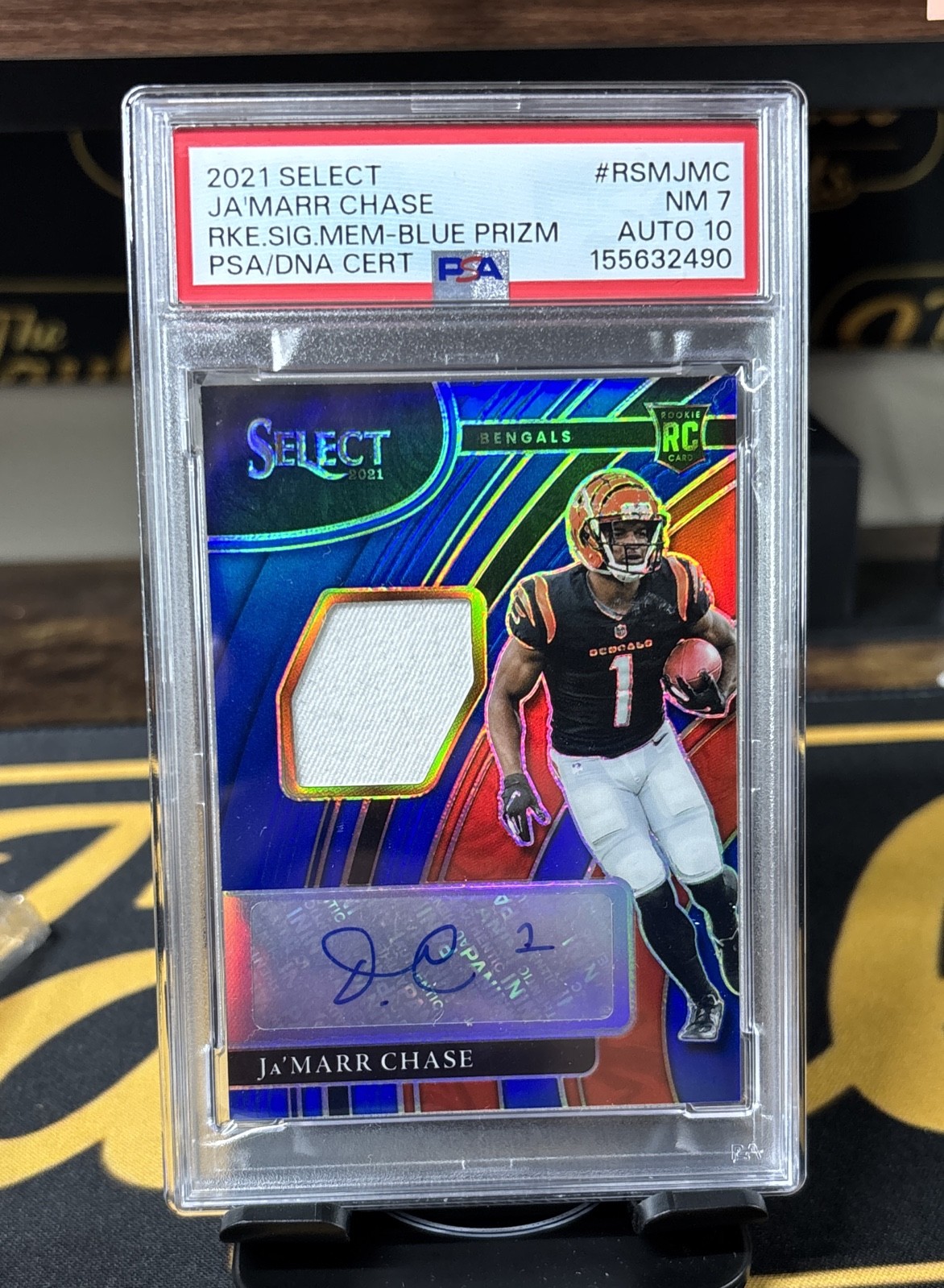 2021 Panini Select Rookie Signature Mem Ja\'Marr Chase #RSM-JMC Blue Prizm /75