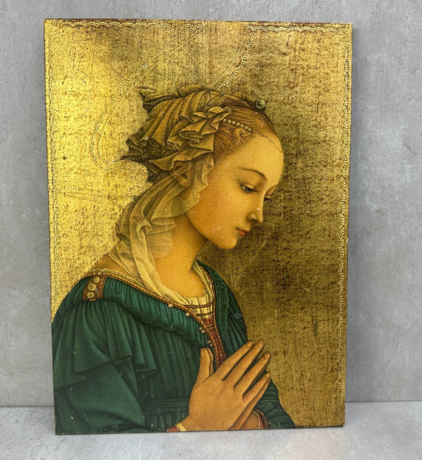 VTG Italian Gilt Florentine Gold Leaf Wood Plaque Lippi Madonna Virgin Mary 14\ VTG Italian Gilt Florentine Gold Leaf Wood Plaque Lippi Madonna Virgin Mary 14\