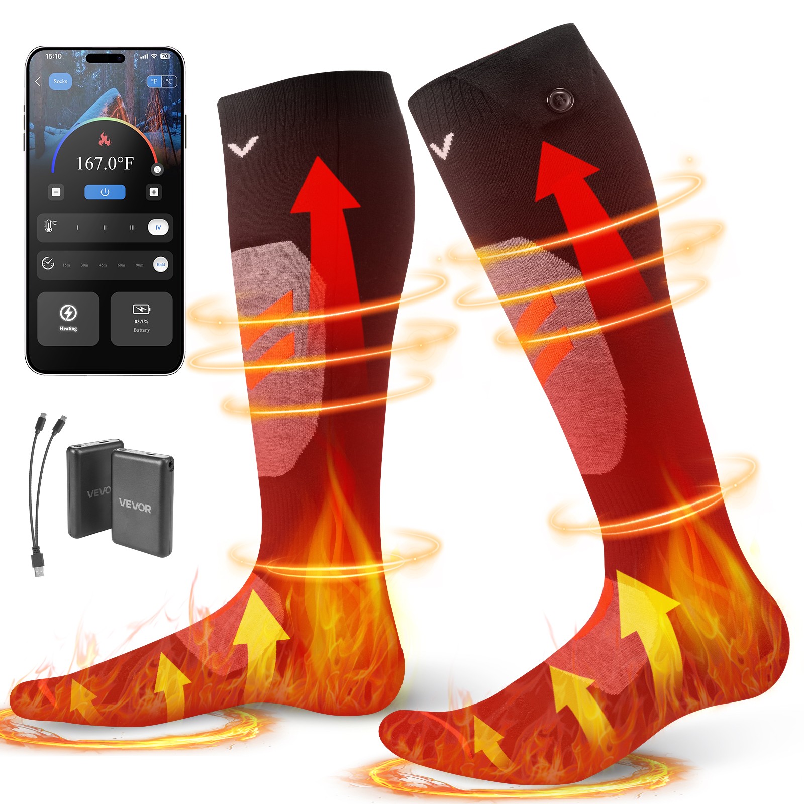 VEVOR Electric Heated Socks 5000mAh L Size Rechargeable Heated Socks for Hunting