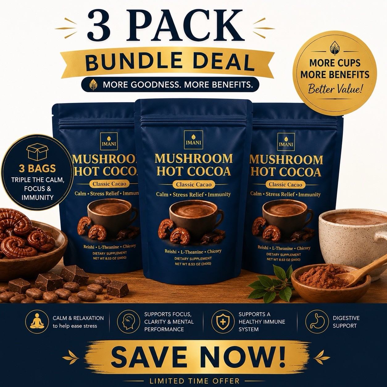 3 PACK New IMANI ORGANICS Mushroom Hot Cocoa Mix Sleep Support Blend Vegan Cocoa