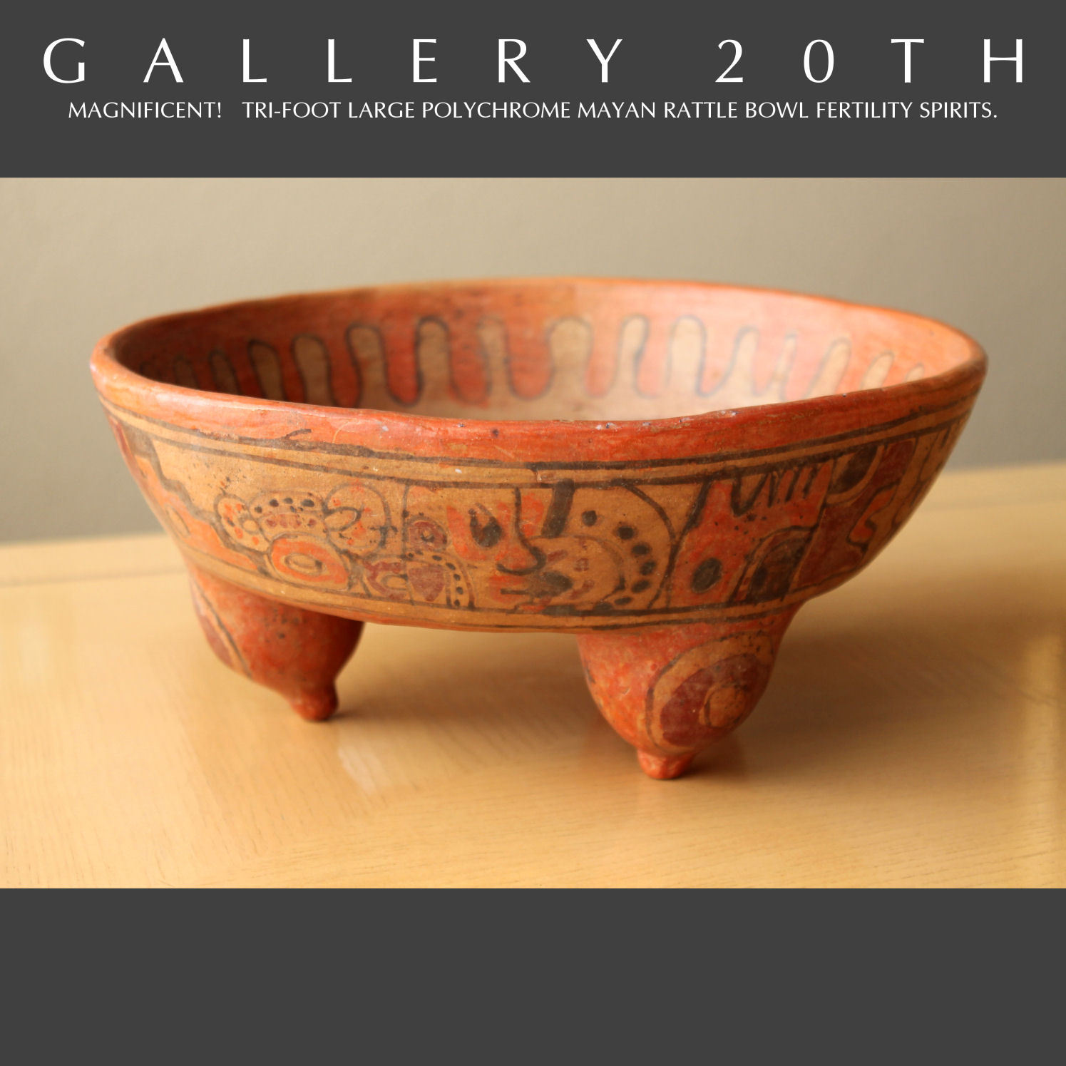 RARE POLYCHROMED MAYAN TRI-FOOTED RATTLE BOWL MID CENTURY MODERN VTG ORIG. ART