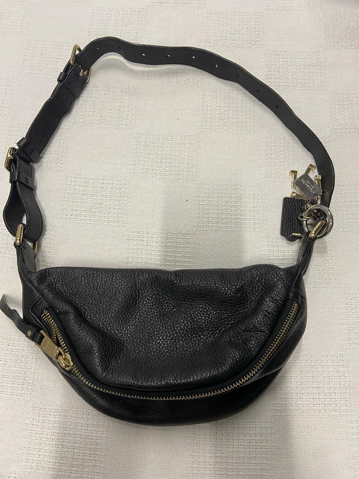 Coach Belt Bag Womens Small Black Leather Fanny Pack Adjustable Zip Waist Charm