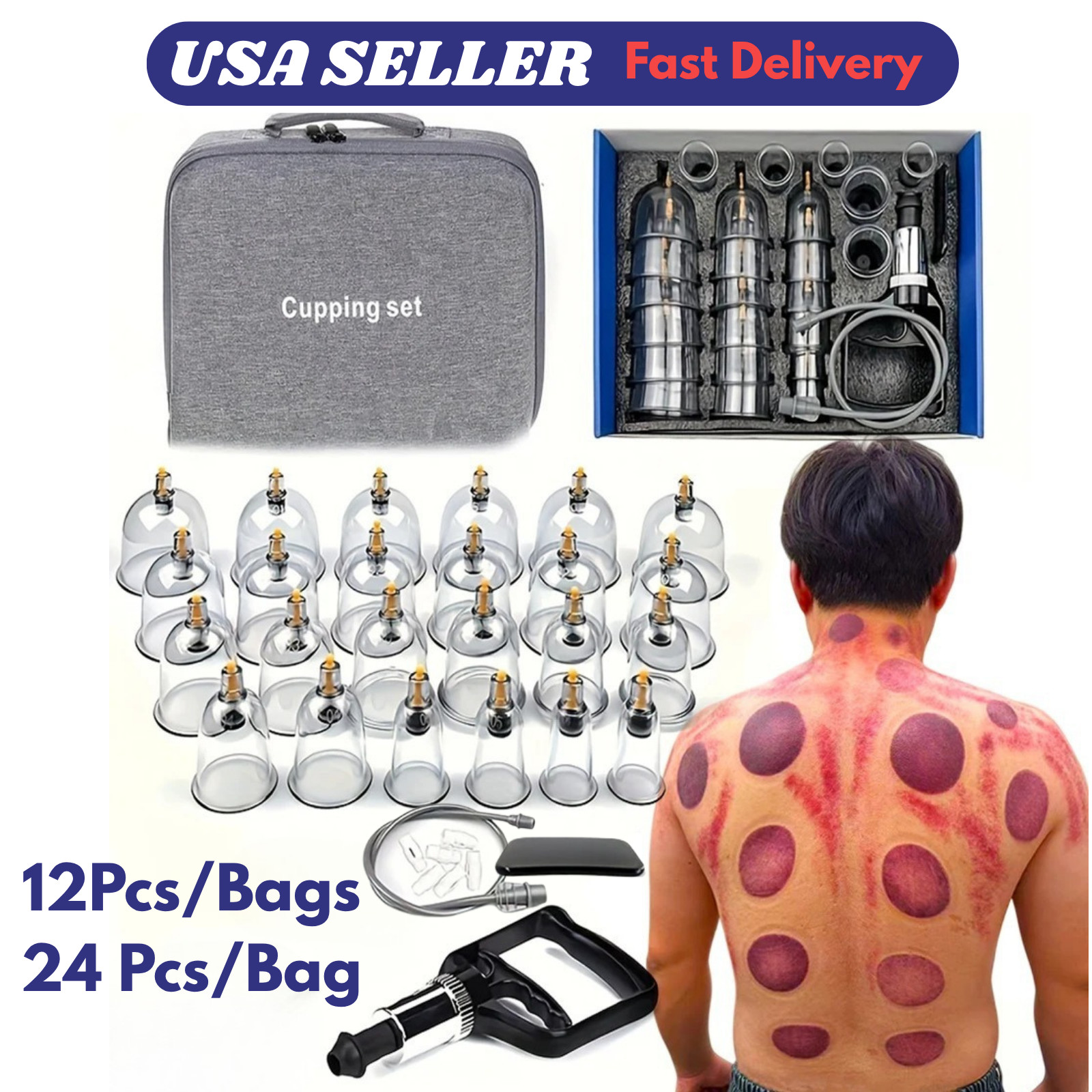 24/12Pcs Cupping Relaxation Set: Cupping Cups in Various Sizes, a Manual Pump-US
