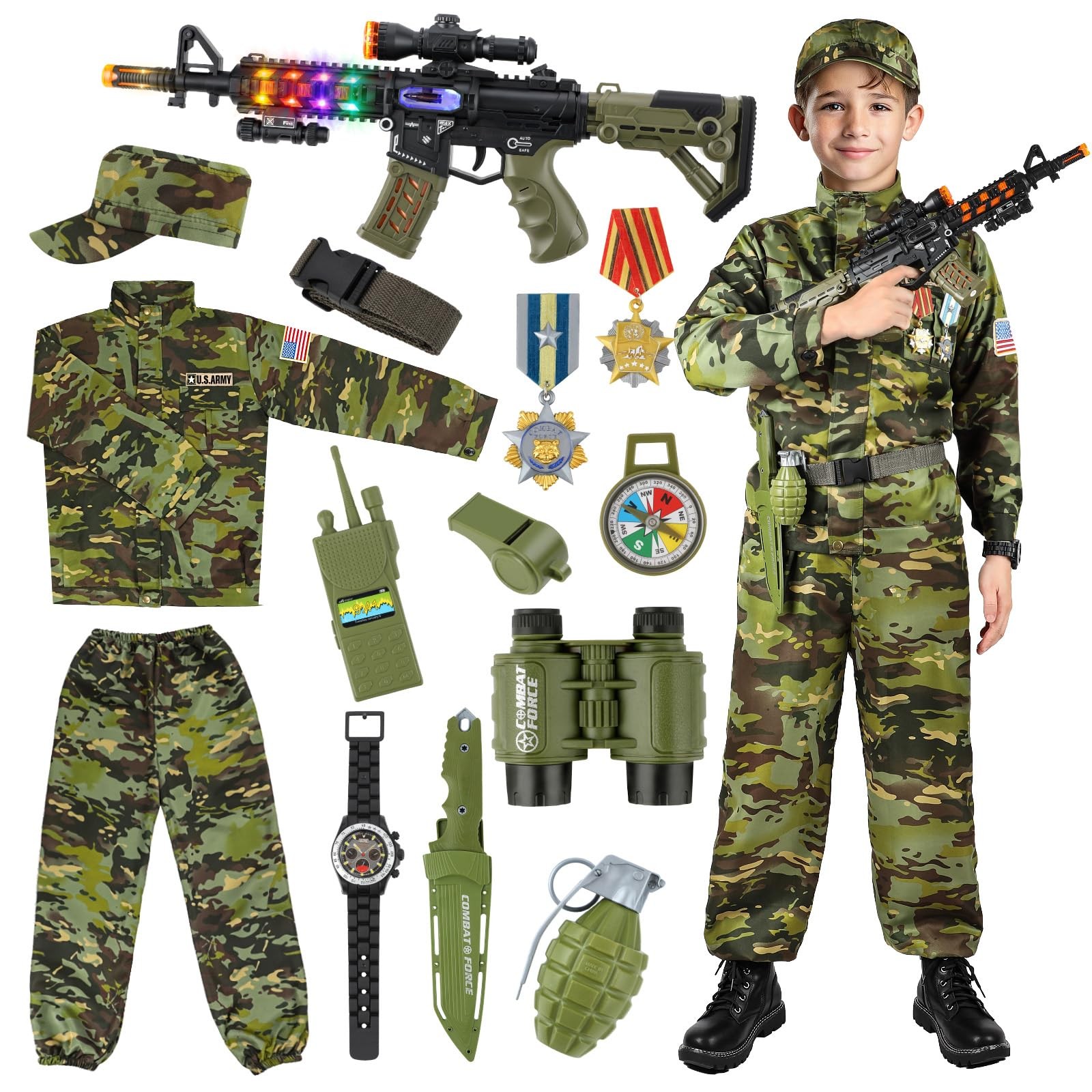 Metemot Kids Army Costume for Boys, Military M (6-8y Ht.45-50in), Green Camo