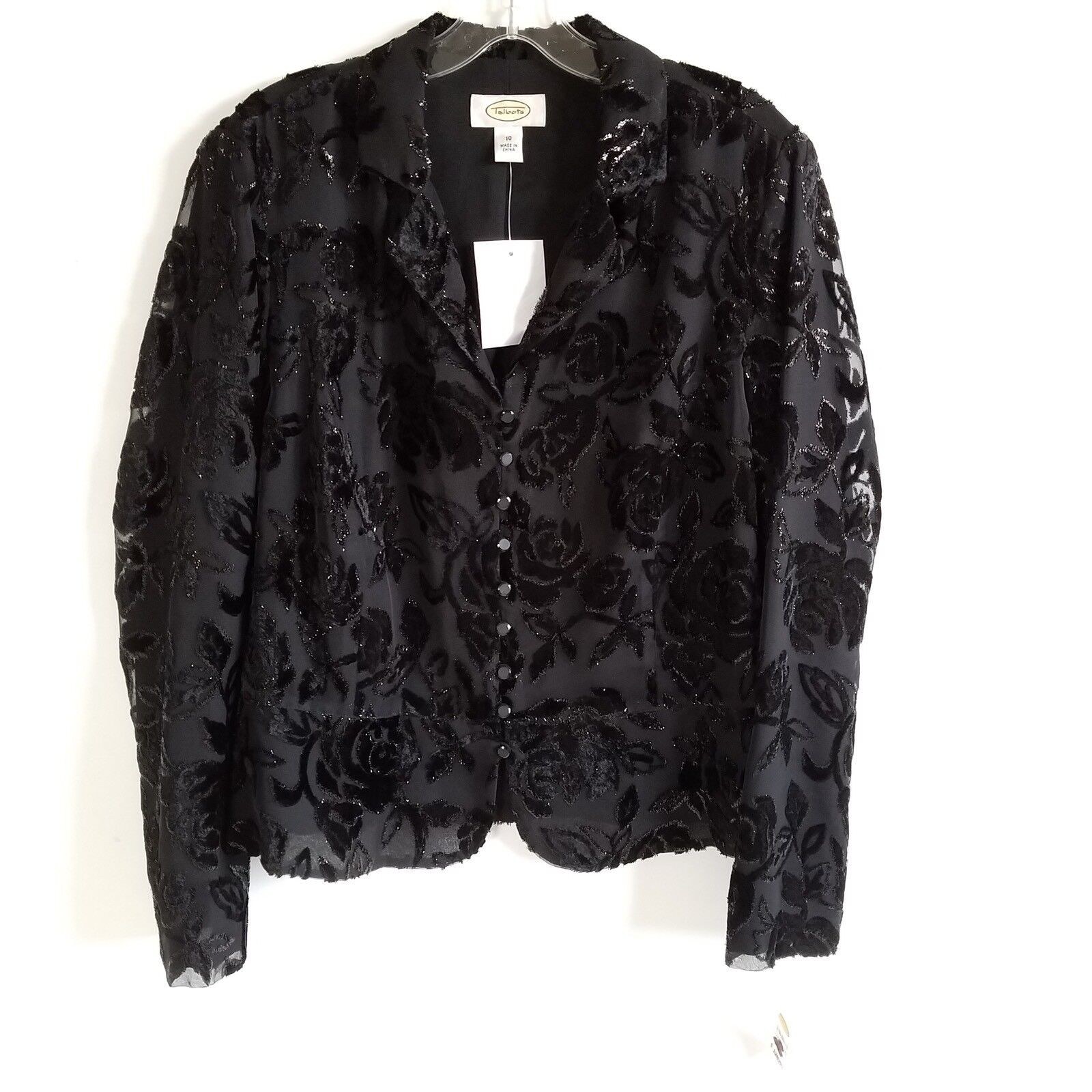 NWT $128 Talbot’s Women’s Black Floral Button Cocktail Shimmer Jacket Sz 10