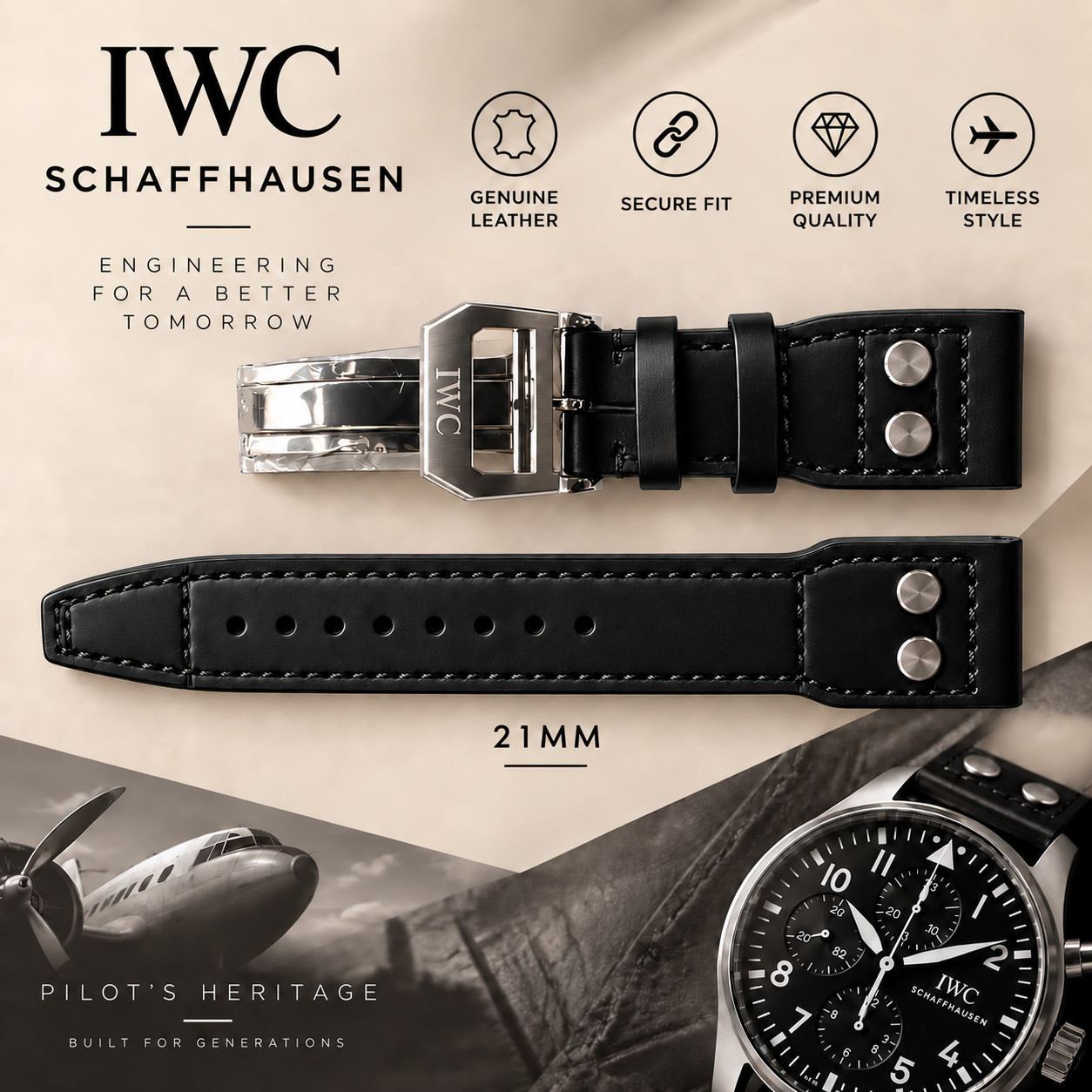 IWC Pilot 21mm Black Calfskin Leather Watch Strap Band with Folding Clasp