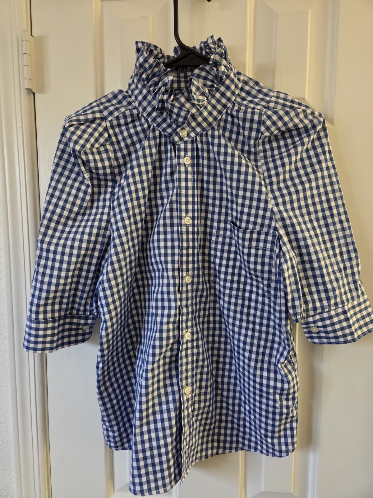 KMJ Kate McHale Jensen Blouse Ruffle Neck SMALL Blue White Checkered KMJ Kate McHale Jensen Blouse Ruffle Neck SMALL Blue White Checkered