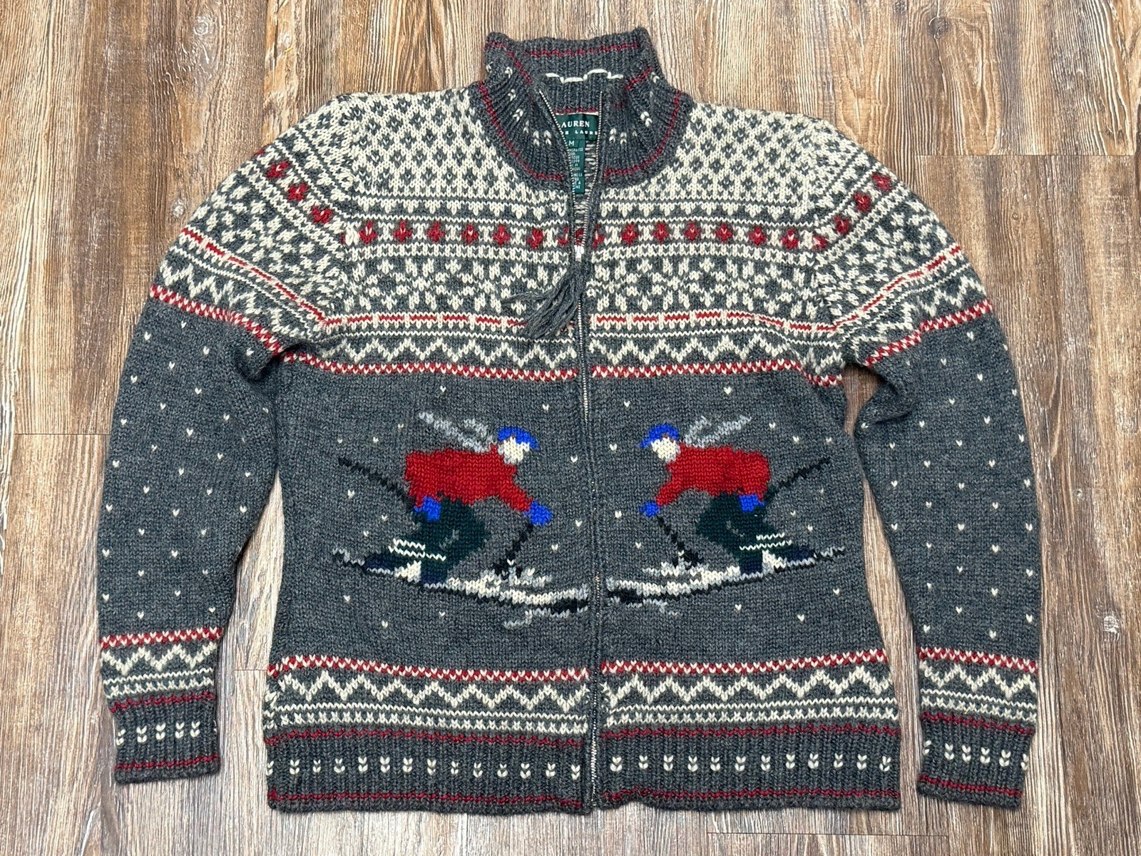 Vtg Lauren Ralph Lauren Womens Worsted Wool Apes Ski Gray Zip-Front Sweater M Vtg Lauren Ralph Lauren Womens Worsted Wool Apes Ski Gray Zip-Front Sweater M