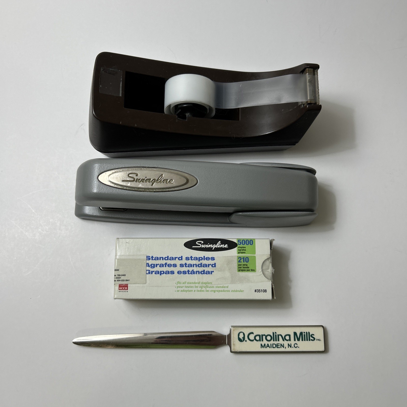 VTG lot Swingline 747 Stapler Scotch Tape Dispenser Carolina Mills Letter Opener VTG lot Swingline 747 Stapler Scotch Tape Dispenser Carolina Mills Letter Opener