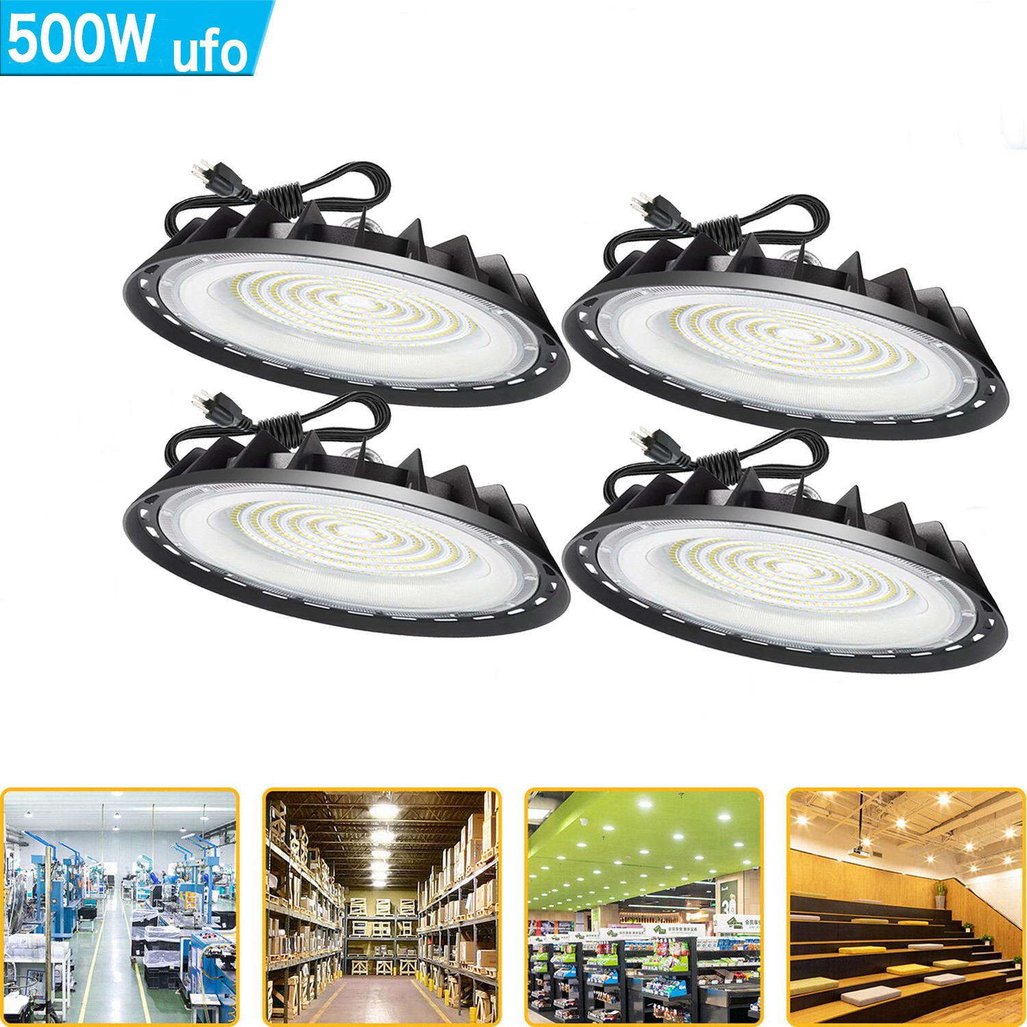 4Pack 500W UFO LED High Bay Light Industrial Commercial Warehouse Led Shop Light
