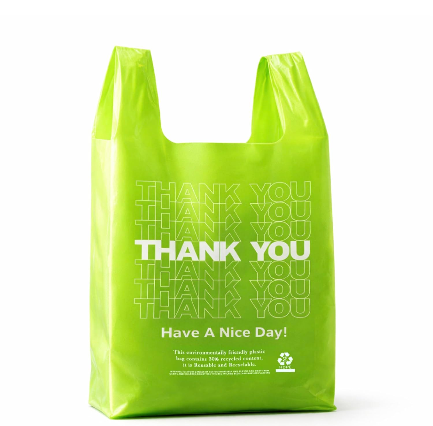 100 Pack “Thank You” T-Shirt Bags – Green Plastic Shopping Bags 100 Pack “Thank You” T-Shirt Bags – Green Plastic Shopping Bags