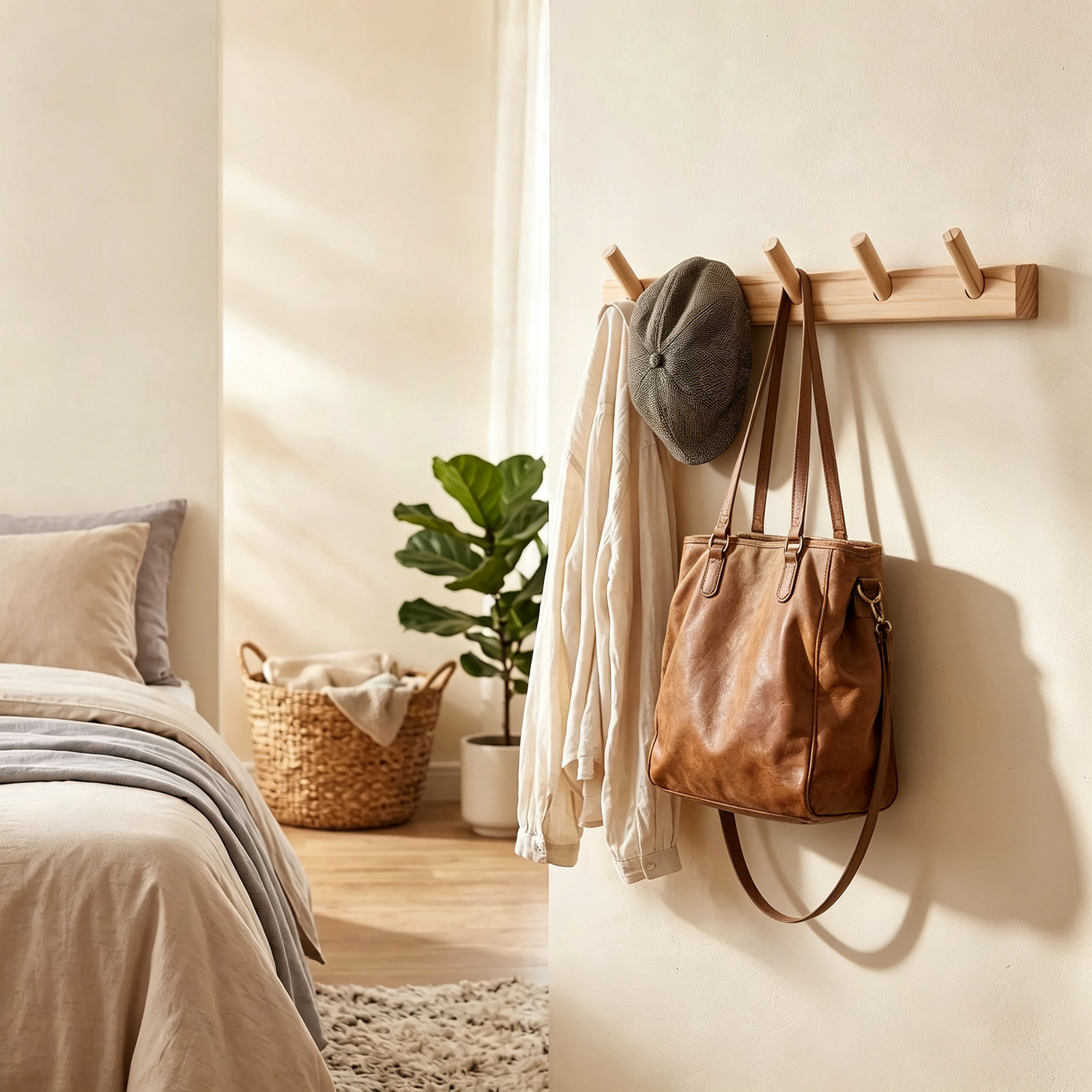 Solid Wood Wall Mounted Coat Rack, 5 Removable Hooks Hanging Shelf for Entryway