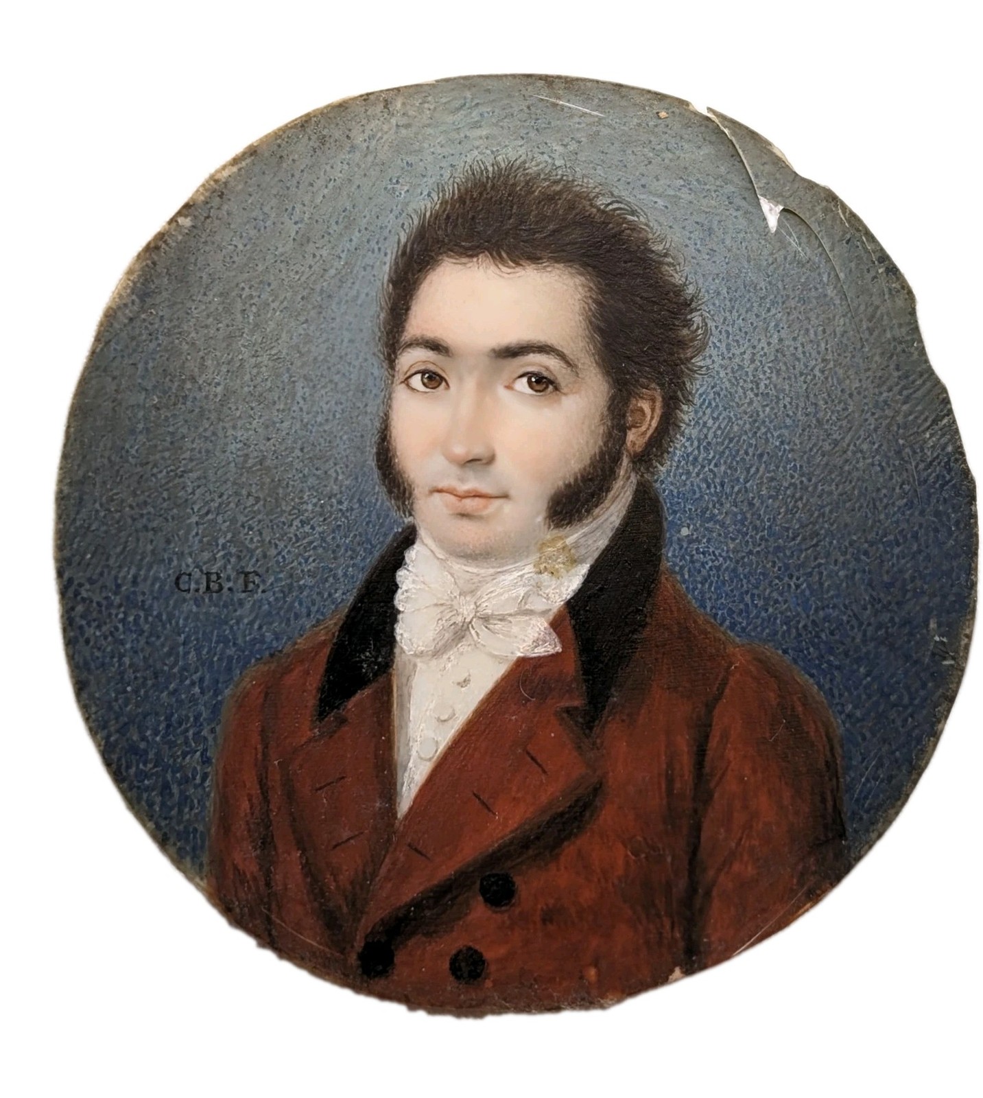 Antique 19th C French Portrait Miniature Painting Signed CB Georgian Gentleman 