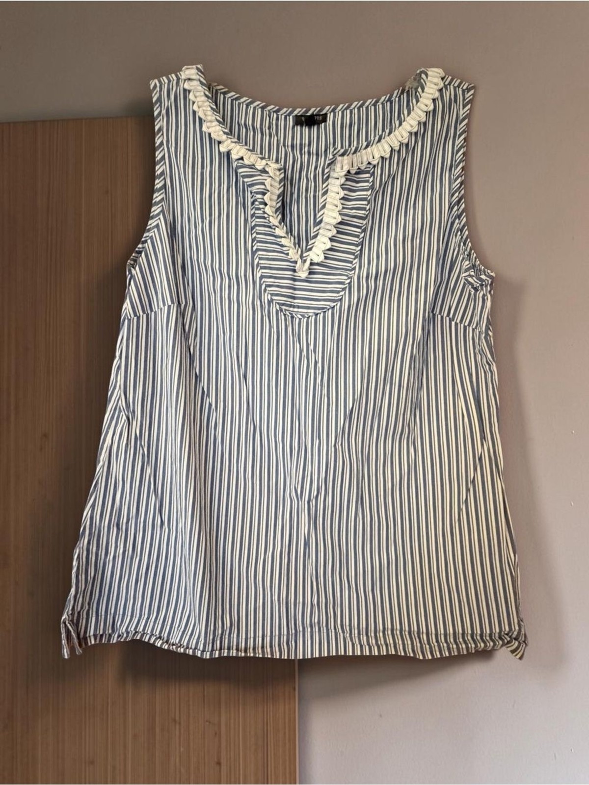 Talbots Blue and White Striped Sleeveless Ruffle-Trim Top Talbots Blue and White Striped Sleeveless Ruffle-Trim Top