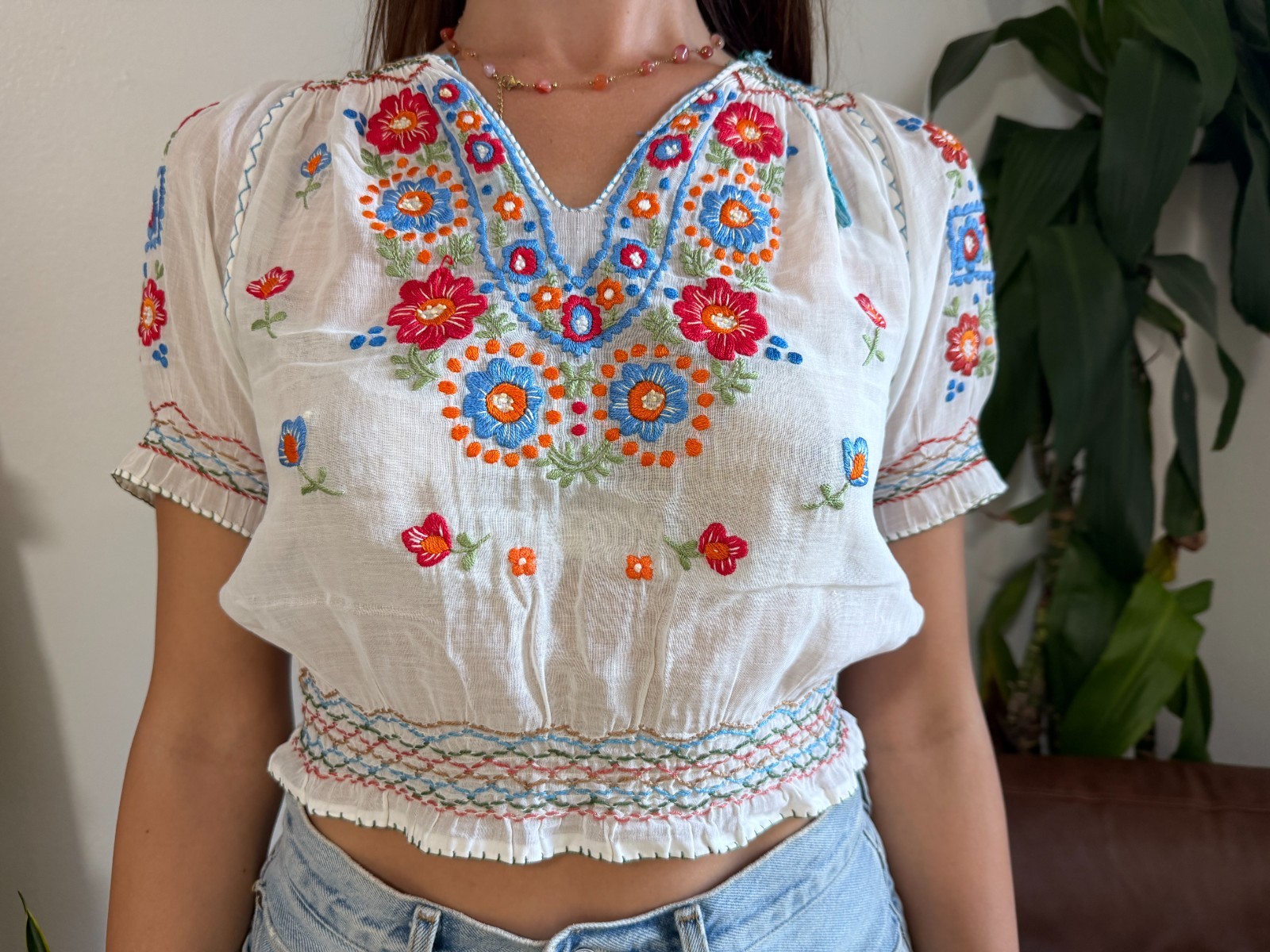 Vintage 40s Hungarian Folk Art Blouse Embroidered Floral Smocked Peasant Top S M