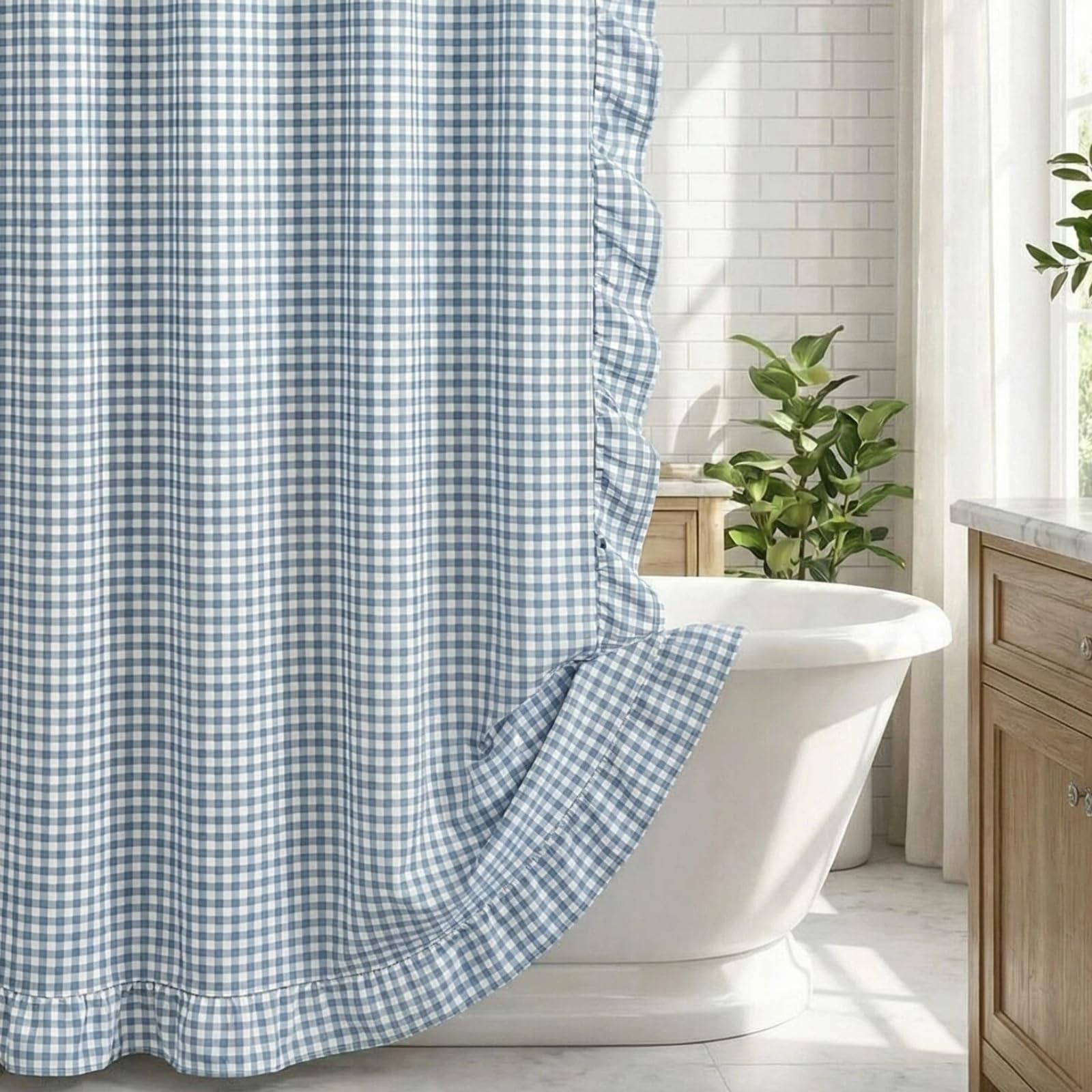 HunnmingRe Ruffled Gingham Shower Curtain Dusty Blue