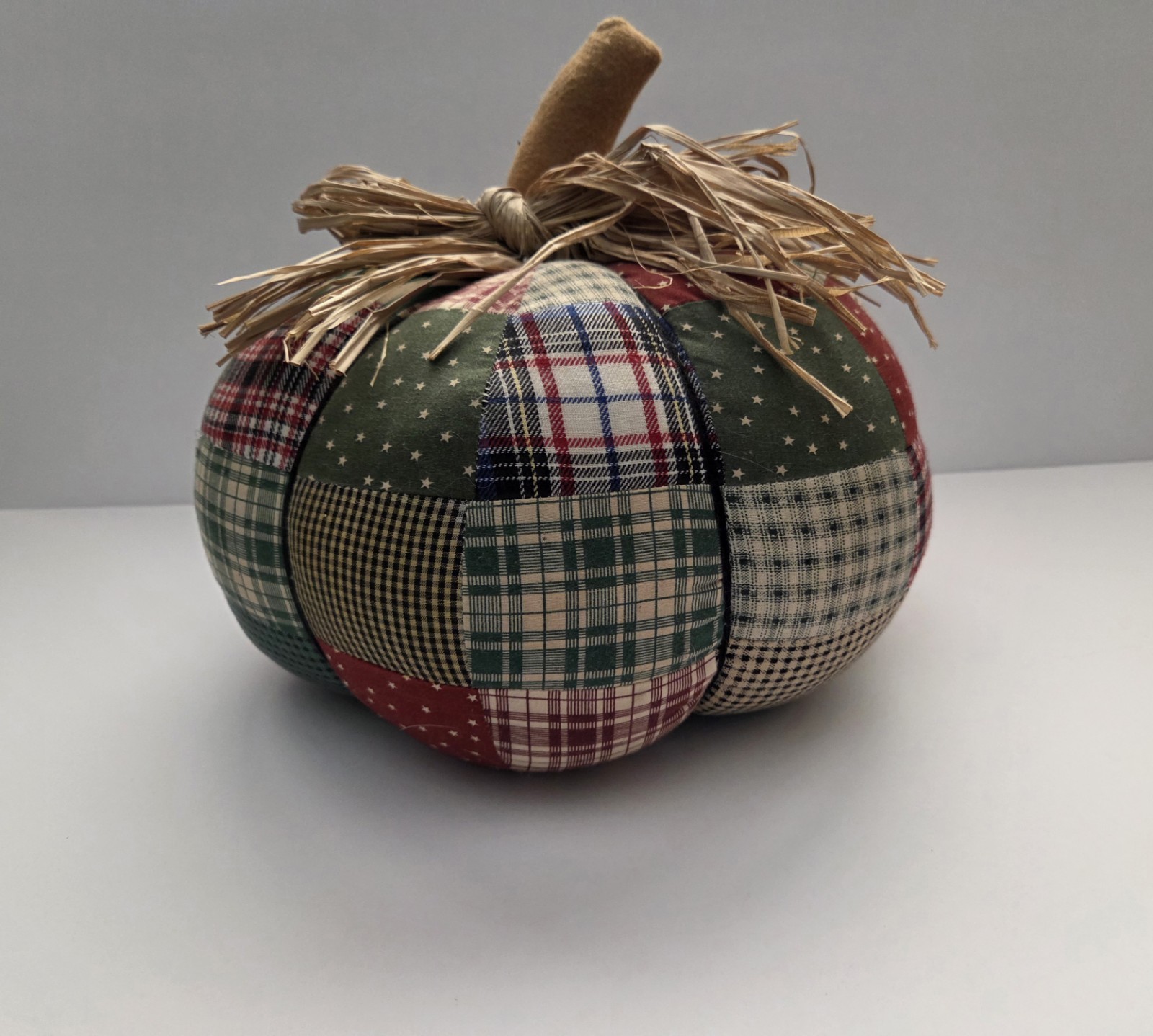 Vintage Handmade Patchwork Fabric Pumpkin Fall Decor Plaid Country Rustic 9”