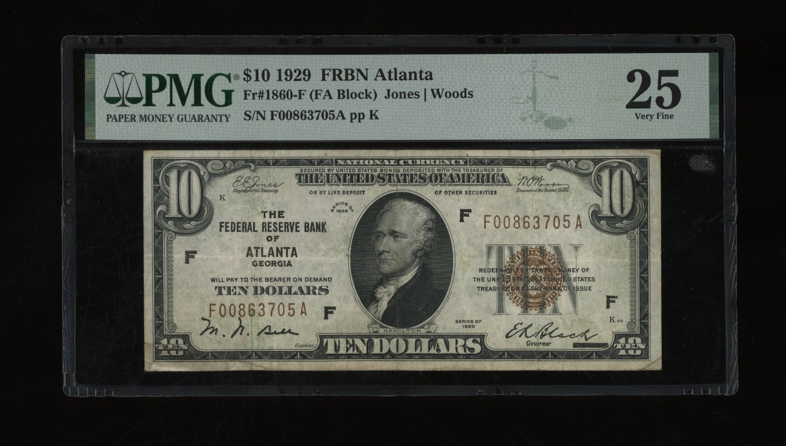 DBR 1929 $10 FRBN Atlanta Fr. 1860-F PMG 25 Serial F00863705A DBR 1929 $10 FRBN Atlanta Fr. 1860-F PMG 25 Serial F00863705A