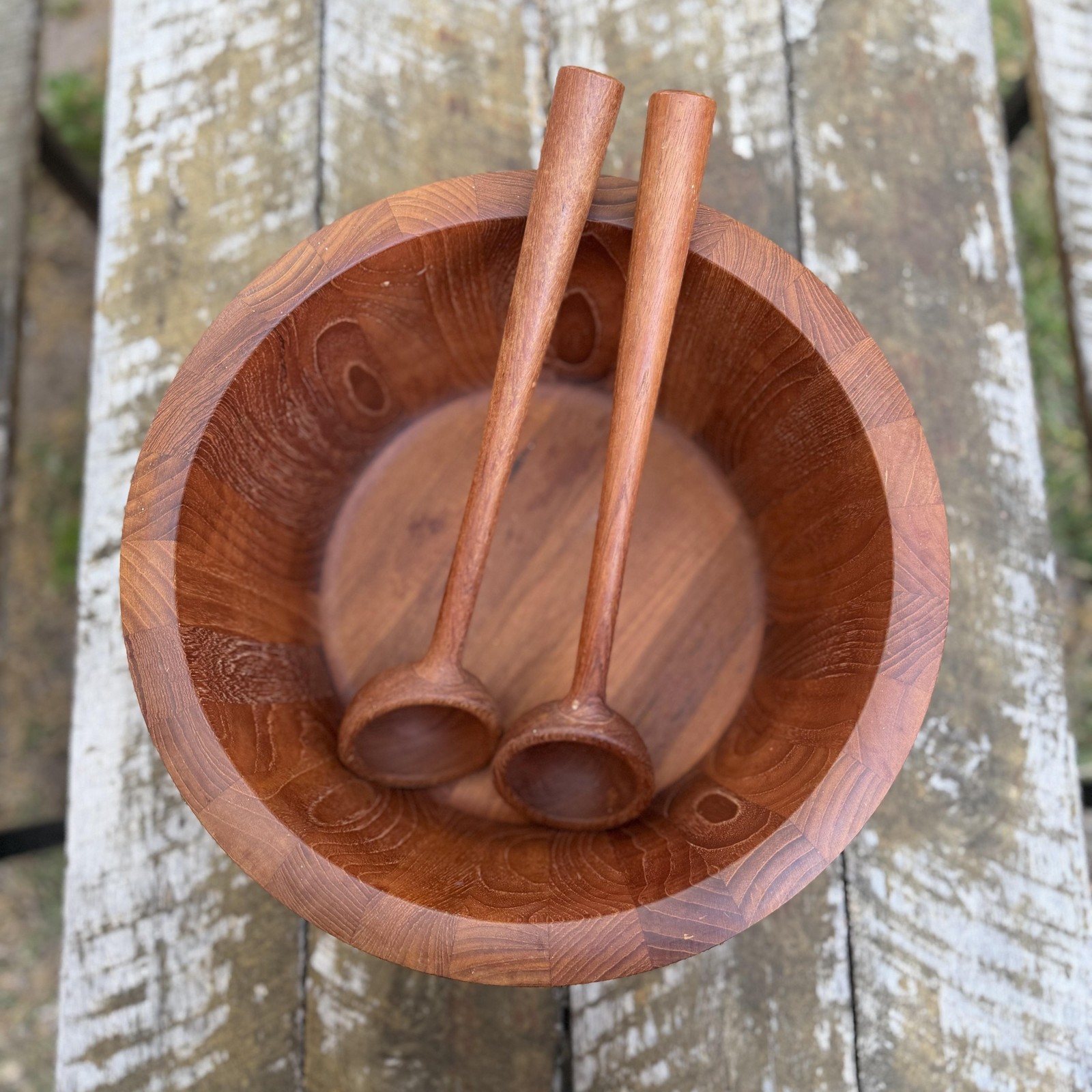 Nissen Denmark Wood Serving Bowl W/ Salad Spoons Mid Century Modern Large Round