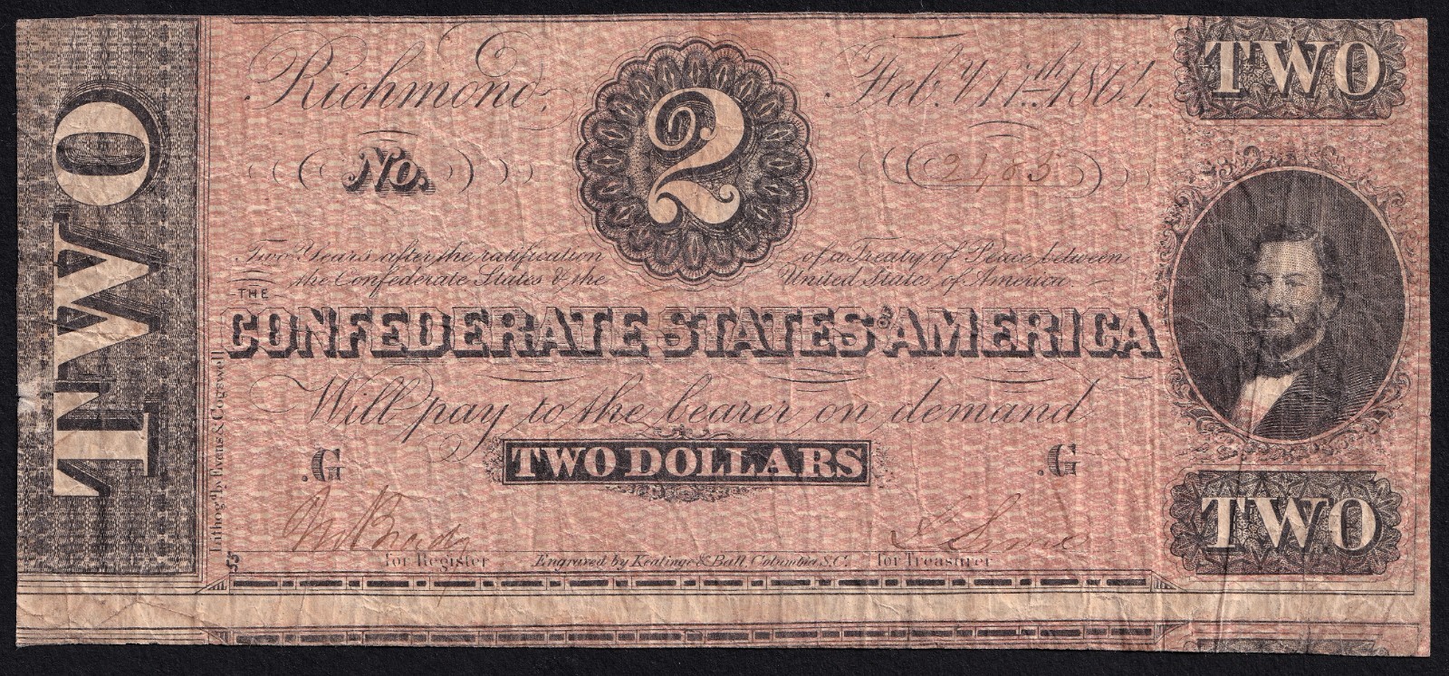 1864 $2 Confederate States of America Note T-70 CSA Civil War Cutting Error