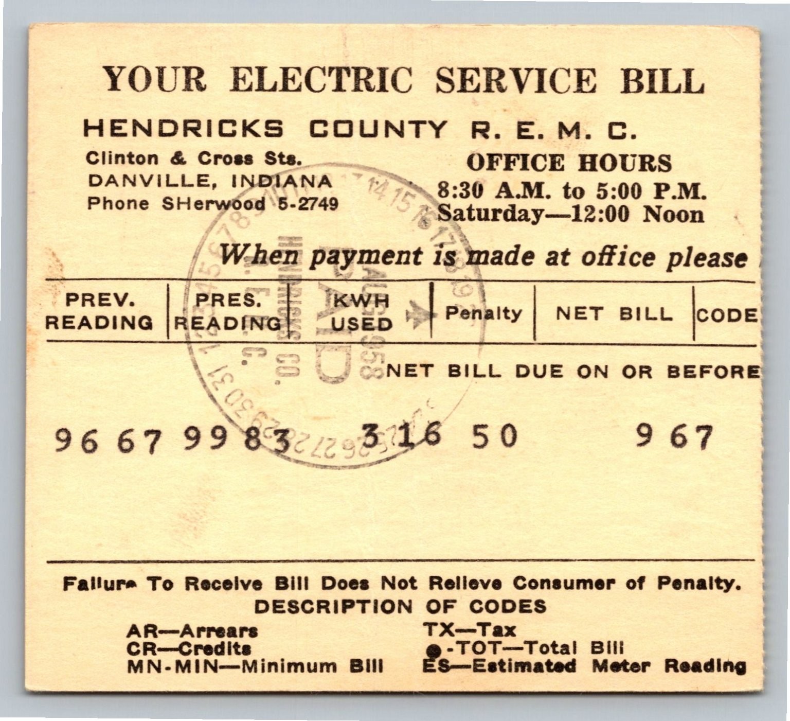 1958 Danville Indiana Electric Service Bill Postcard with Stamps