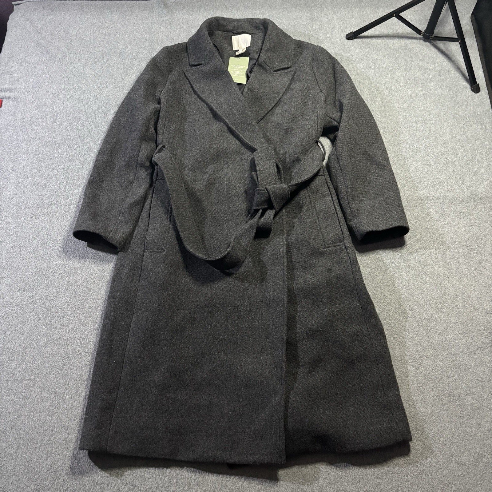 NWT H&M Dark Gray Belted Wrap Coat Women’s Size Large Wool Blend Long Overcoat