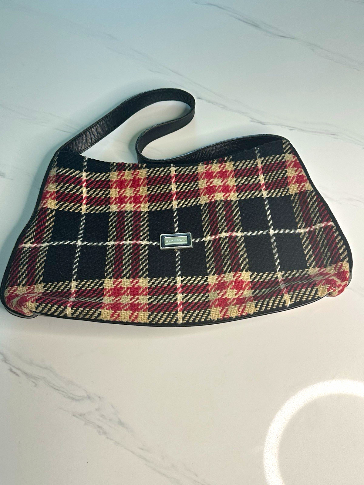 Authentic Burberry Vintage London Red Wool Plaid Shoulder Bag early 2000s