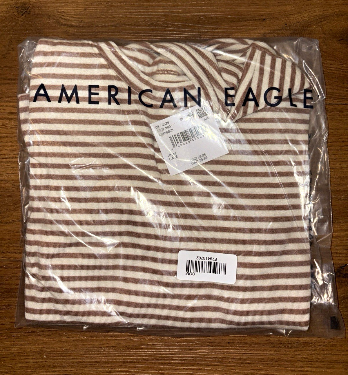 American Eagle Men\'s White Brown Striped Crew Neck T-Shirt Regular Size M American Eagle Men\'s White Brown Striped Crew Neck T-Shirt Regular Size M