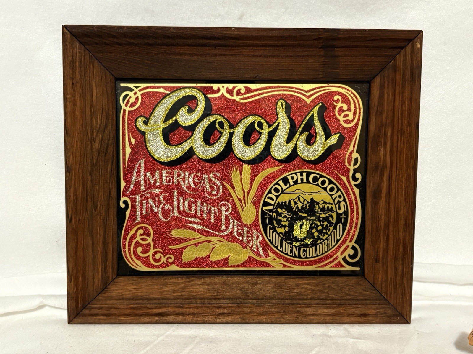 VTG Adolph Coors Golden Colorado Foil Glitter Glass Sign Framed Breweriana