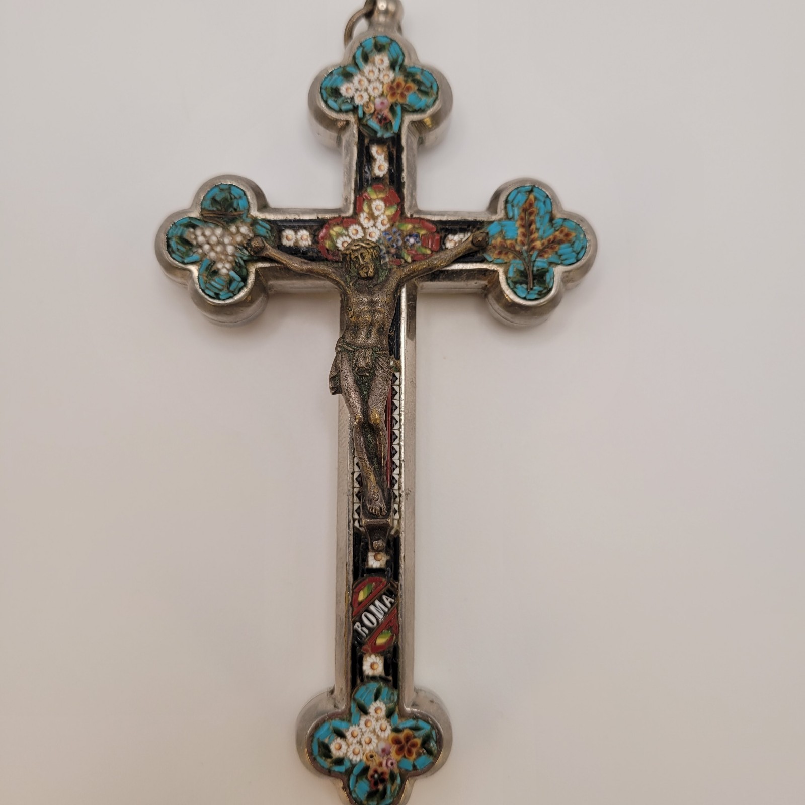 Antique Italian Micro Mosaic Roma Crucifix Cross -Floral  - Italy - See Video