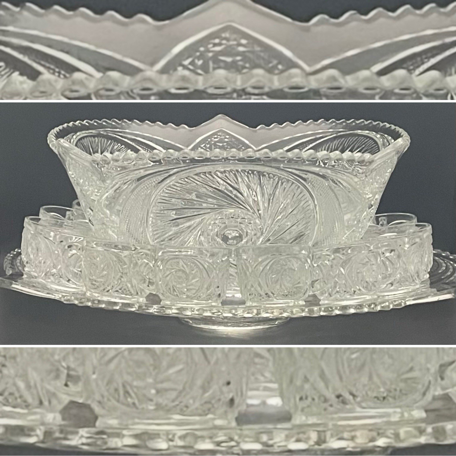 L.E. Smith 17pc Aztec aka Pinwheel & Stars Punch Bowl Set on Under Plate c1950s