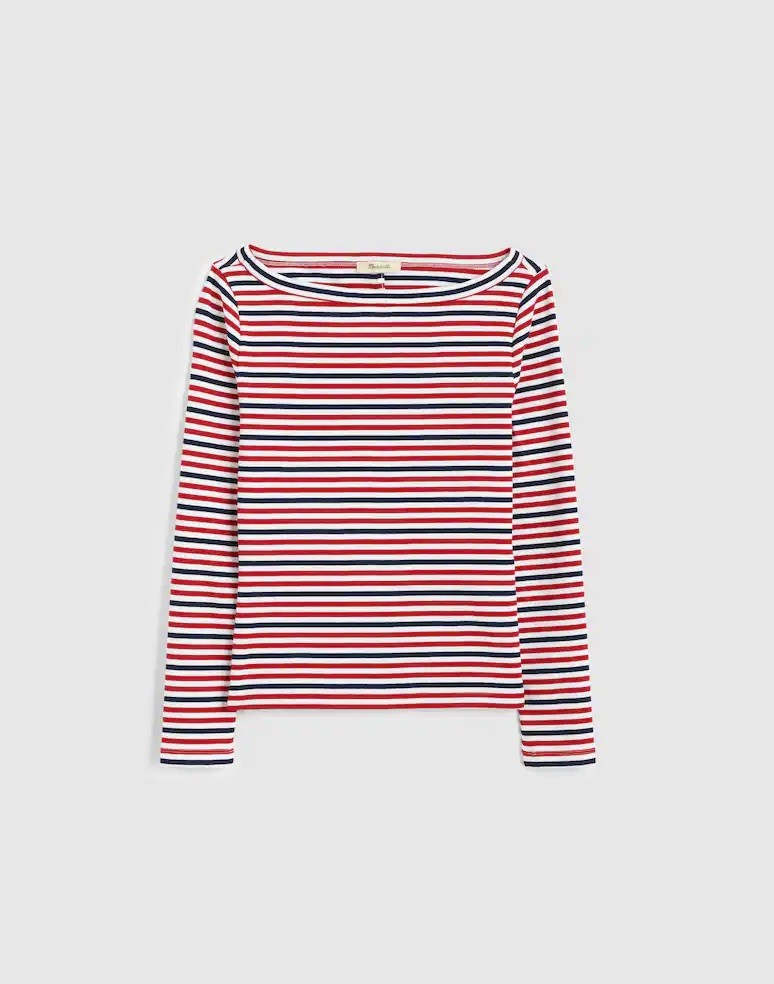 NWT MADEWELL Deep Crimson Stripe Compact Cotton \'90s BOATNECK TEE Long Sleeve XS NWT MADEWELL Deep Crimson Stripe Compact Cotton \'90s BOATNECK TEE Long Sleeve XS