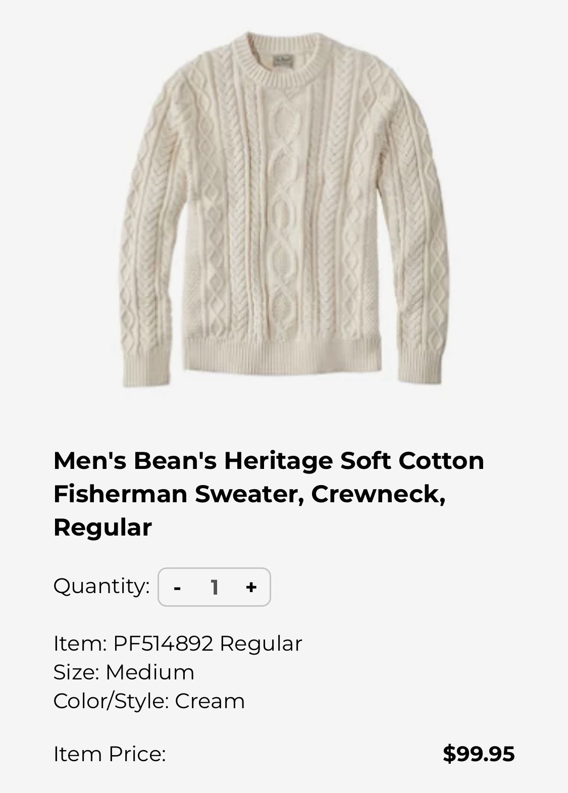L.L.Bean Men’s Fisherman Cable Knit Crewneck Cotton Sweater Cream M PF514892