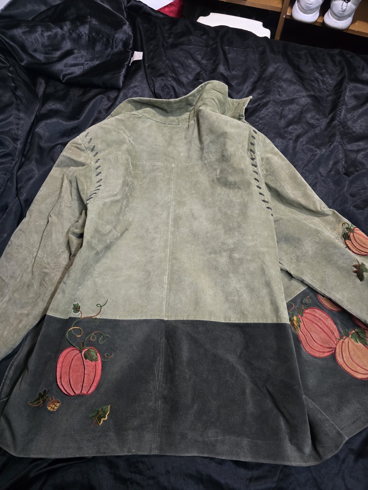 Quacker Factory Women’s 2X Genuine Leather Jacket Green Suede Embroidered QVC