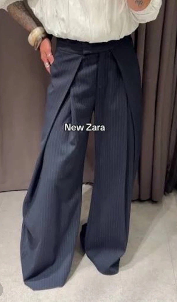 Zara Woman Zw Collection Pinstriped Darted Trousers Navy Blue Size M Ref7627/043