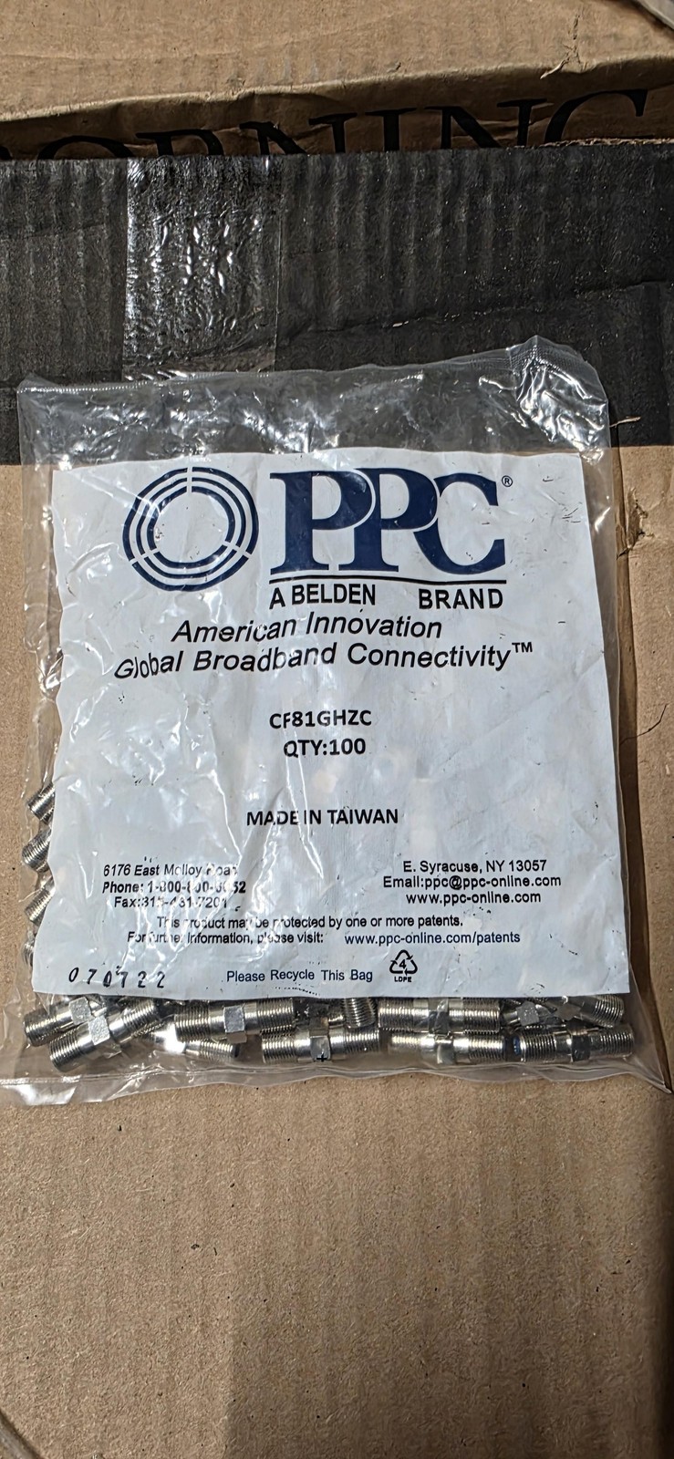 PPC CF81GHZC F81 Coaxial Splice Connectors Silver QTY 100 Made Taiwan Pack New