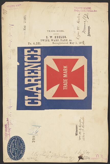 Photo:Clarence Trade Mark Twine Warp Yarn 1870s E. W. Keeler Trade Label
