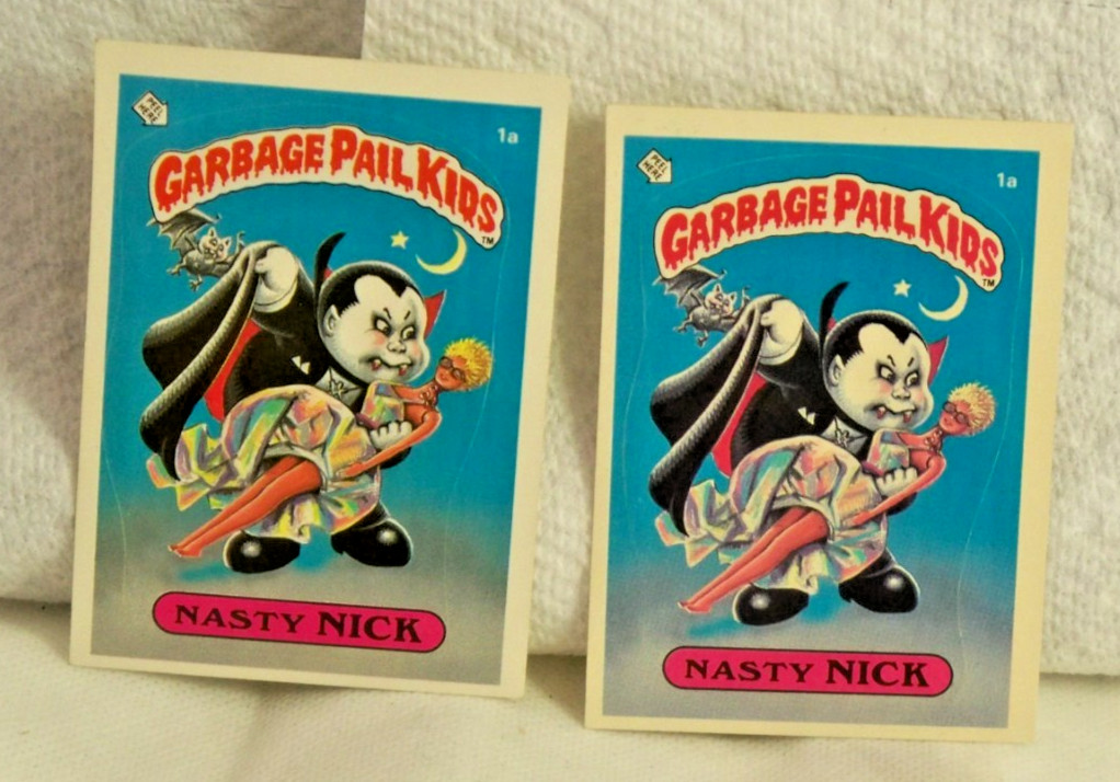 2 VINTAGE 1985 TOPPS GPK GARBAGE PAIL KIDS STICKER CARDS  #1A NASTY NICK  NICE 