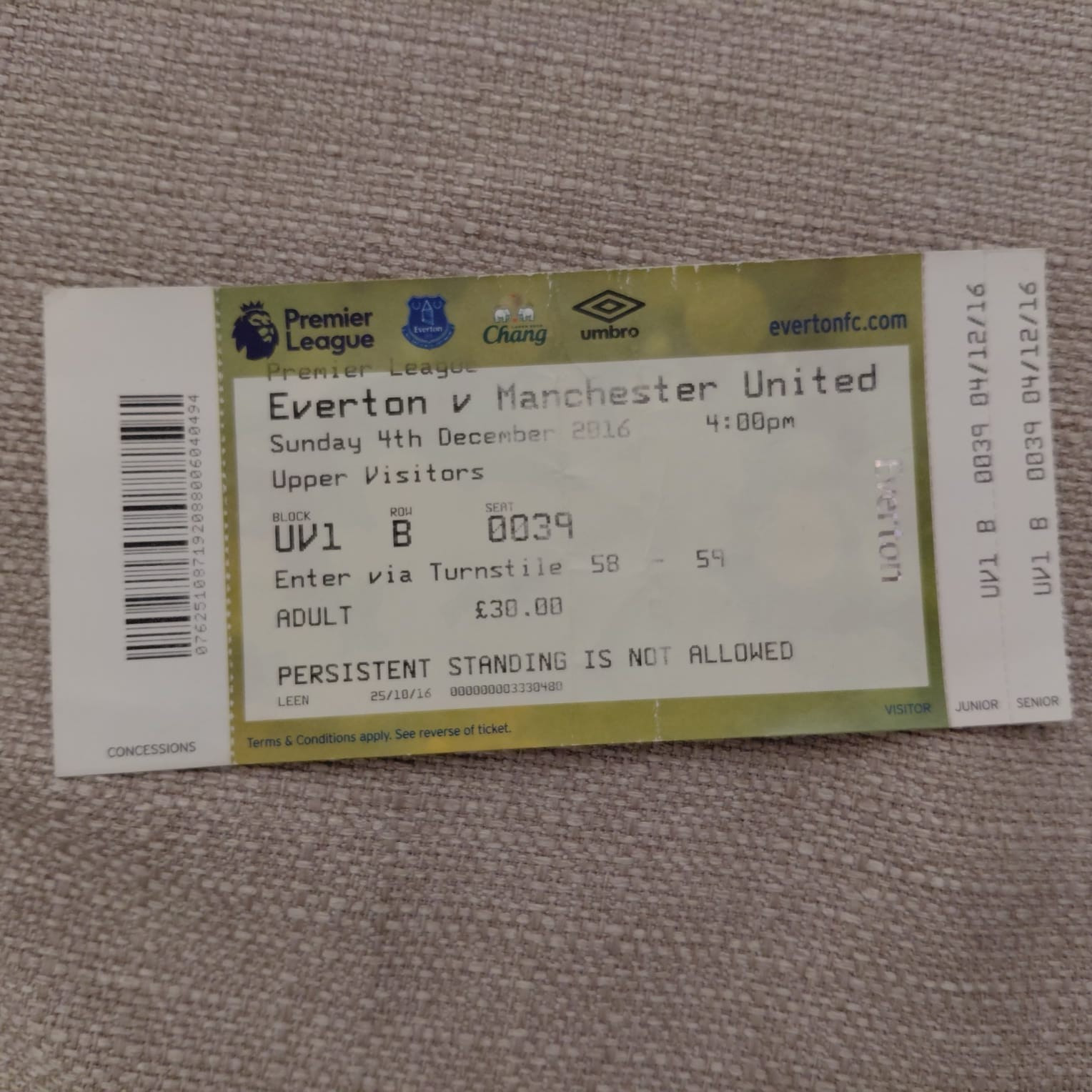 TICKET STUB-EVERTON V MANCHESTER UNITED-PREMIER LEAGUE-DECEMBER 2016
