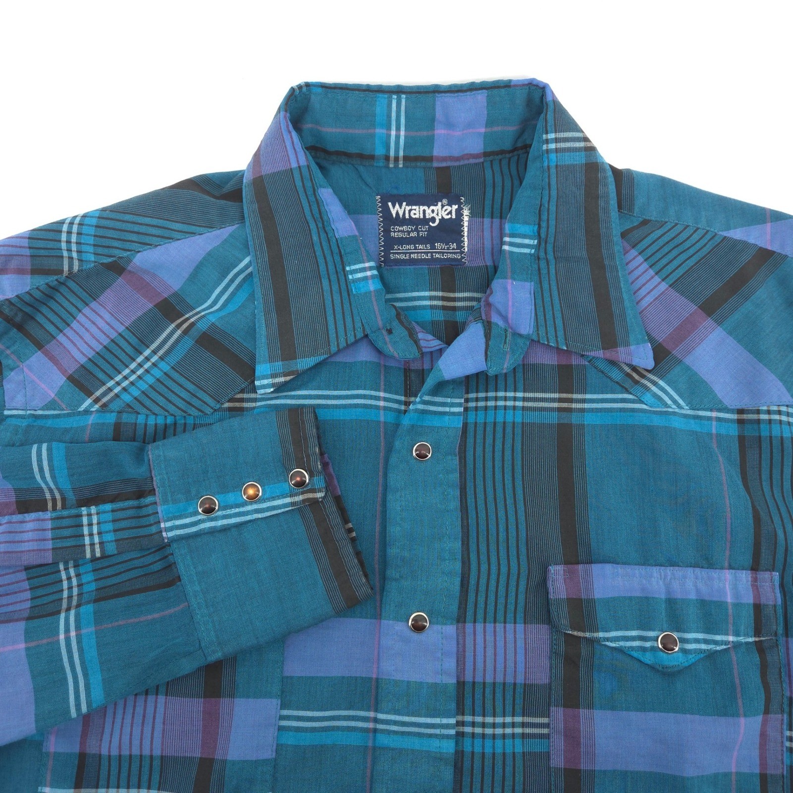 Wrangler Cowboy Cut Men 17.5 34 Western Pearl Snap Plaid long sleeve Teal Purple Wrangler Cowboy Cut Men 17.5 34 Western Pearl Snap Plaid long sleeve Teal Purple