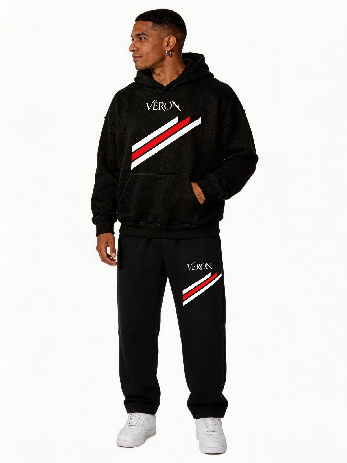 VÉRON Stripes Men\'s Hoodie & Sweatpants Matching Set 2-Piece