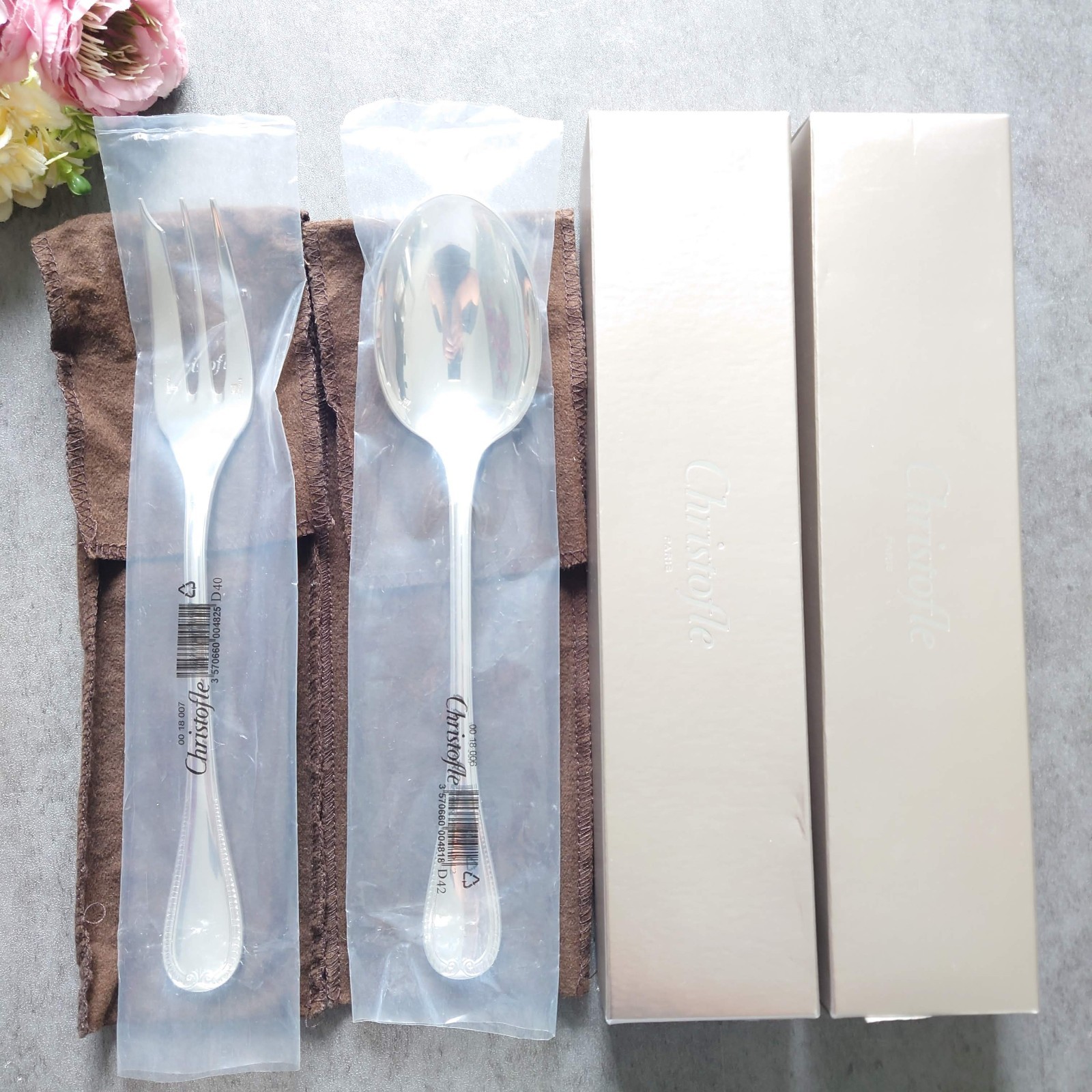 Christofle Malmaison Serving Set Fork Spoon Silverplate Excellent With Bags