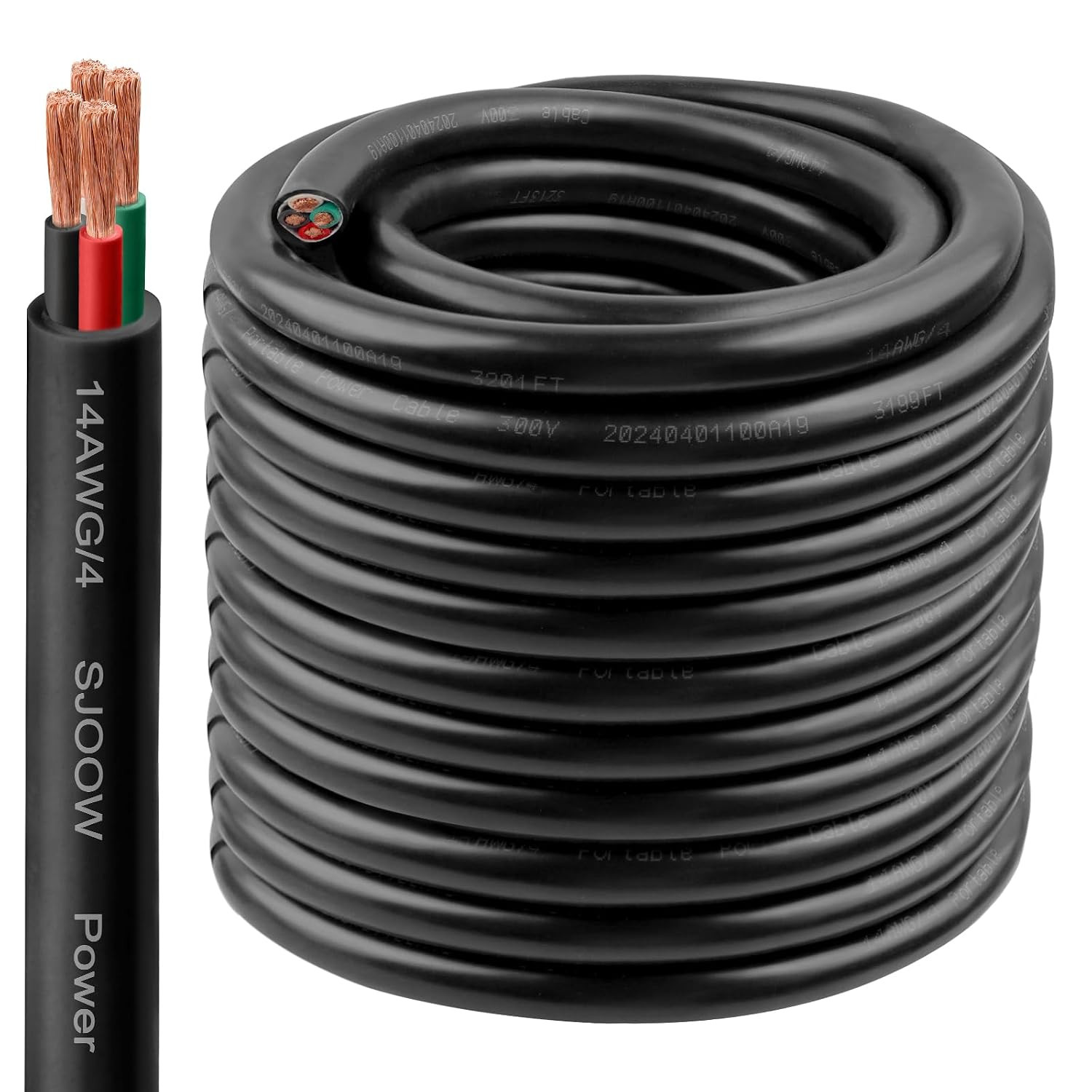 14/4 SJOOW Wire 100FT, 14 AWG 300V SJOOW Bulk Cable, 14 Gauge 4 Conductor Portab