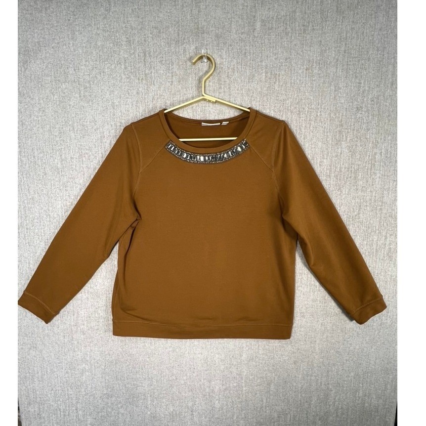 Susan Graver SG Sport Brown Embellished Neck Sweatshirt Women Medium Crystal